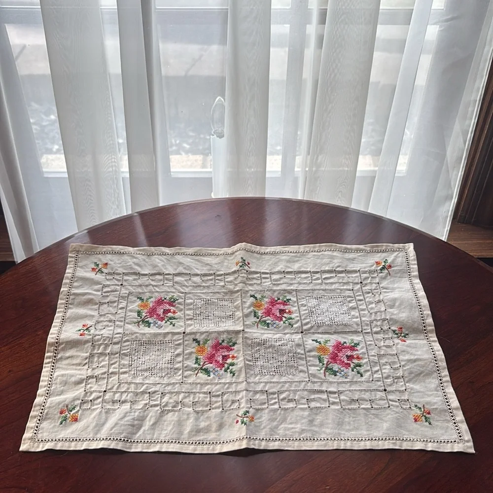 Vintage Embroidered Doily Hand Embroidery Hand Crafted Antique Lace Linen Floral